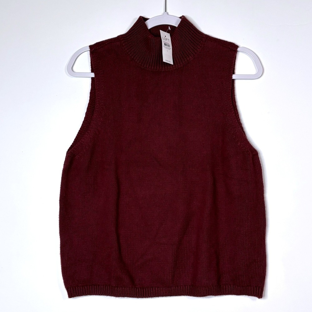 LOFT Funnel Neck Sleeveless Sweater Vest Burgandy Maroon Mock Neck Top Knit L